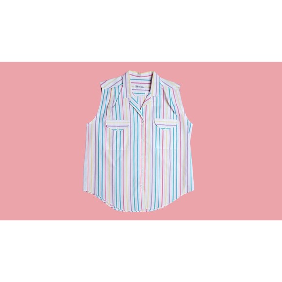 1970s-1980s HUNTERS GLEN White RAINBOW Striped Button Up Tank Top W/Pockets. L - Picture 2 of 10